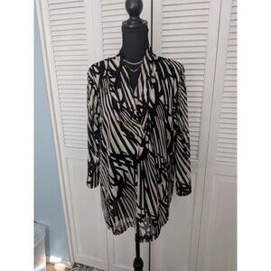 Dana Buchman Mesh Top Women's 3X Black Beige Abstract Art Blouse Surplice Vneck